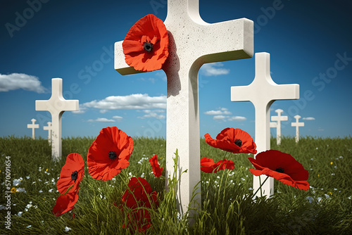 A field of red Flanders poppies with memorial white crosses against a blue sky.  AnzacDay and Remembrance Day concept.  Generative AI. photo