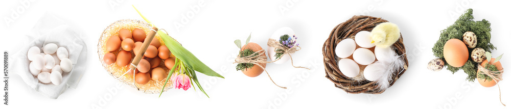 Set of Easter eggs on white background, top view Set of Easter eggs on white background, top view