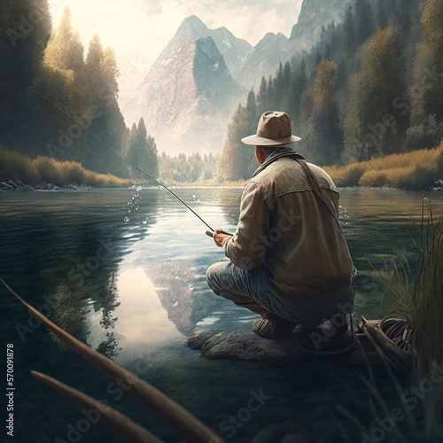 Leinwand Poster A realistic man Fishing in a beauty place