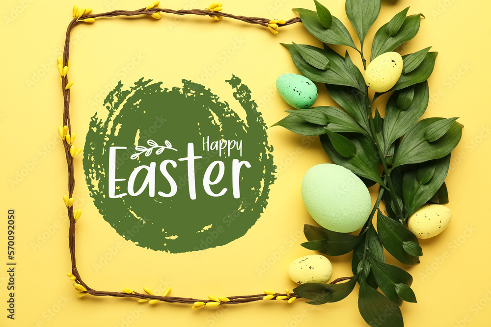 Easter greeting card with green branches and painted eggs on yellow background