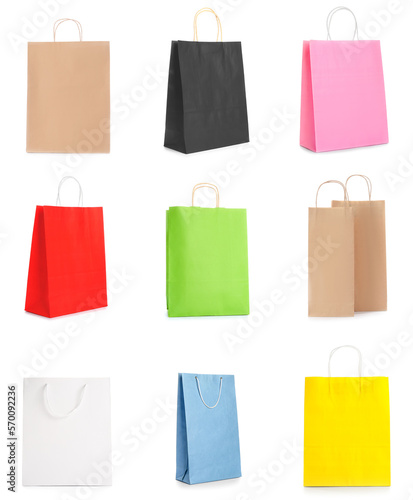 Group of paper shopping bags on white background