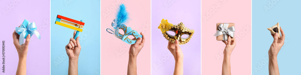 Festive collage for Purim celebration with carnival masks, rattle, gifts and hamantaschen cookie on color background