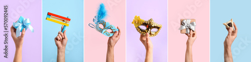 Foto Festive collage for Purim celebration with carnival masks, rattle, gifts and ham