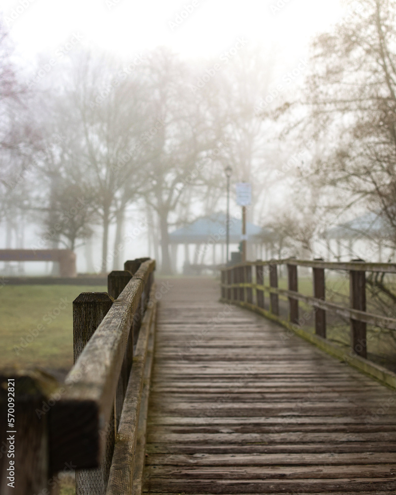 Bridge to the park in fog Bridge to the park in fog