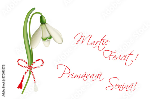 Märzchen das Frühlingsbringer Symbol und 
Geschenk zum 1. März,
Märzchen Anhänger mit Schneeglöckchen und Text in rumänisch mit Frühlingsgrüße,
Vektor Illustration isoliert auf Hintergrund
