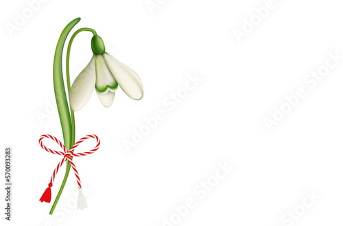 Märzchen das Frühlingsbringer Symbol und 
Geschenk zum 1. März,
Märzchen Anhänger mit Schneeglöckchen,
Vektor Illustration isoliert auf Hintergrund
