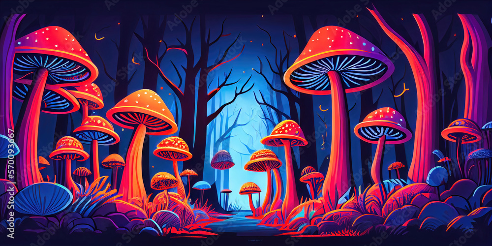 Psychedelic mushroom forest filled with hallucinogenic psilocybin ...