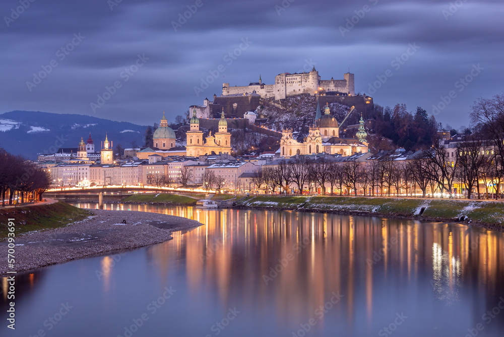 Salzburg. Picturesque view of the old historical part of the city at sunset.
