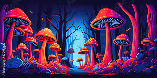 Psychedelic mushroom forest filled with hallucinogenic psilocybin mushrooms in a colorful blacklight-like look. Generative AI  photo