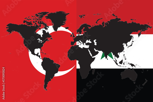 Black colored World map on flag of Turkey and Syria - half of flags of both countries put into one flag