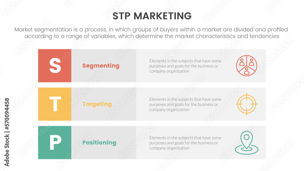 stp marketing strategy model for segmentation customer infographic with 3 block row rectangle content concept for slide presentation