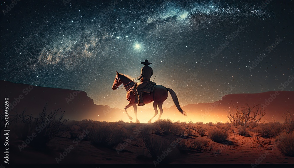 Lone western cowboy riding a horse in the desert under a starry night sky with the milky way and galaxy. Dramatic country landscape.