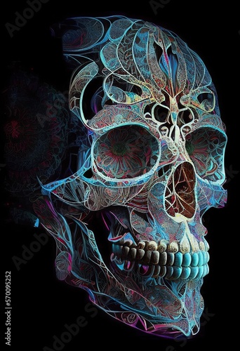 Colorful human skull with iridescent mosaic tiles floral decoration on black background. Colorful beautiful gothic detailed art.