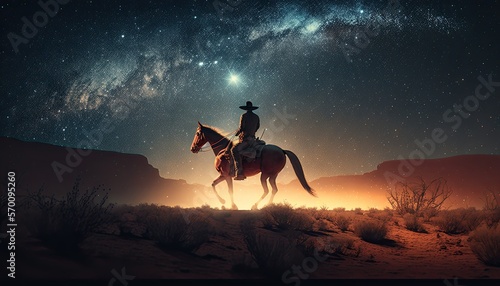 Lone western cowboy riding a horse in the desert under a starry night sky with the milky way and galaxy. Dramatic country landscape.