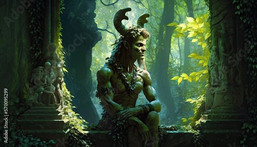 A satyr sitting between two pillars in a magical forest generative ai 