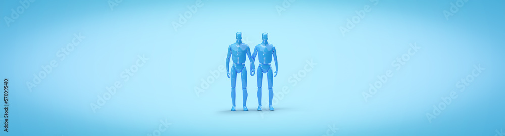 Blue robots, people holding hands. 3d render on the topic of LGBT, love, technology, technology. Modern minimal style, blue background. Blue robots, people holding hands. 3d render on the topic of LGBT, love, technology, technology. Modern minimal style, blue background.