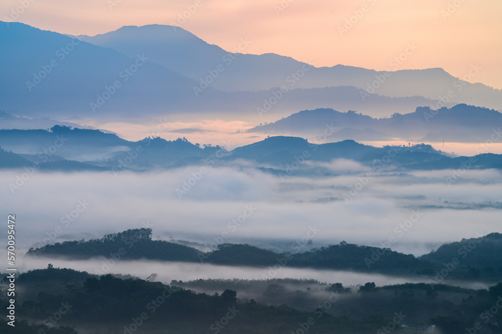 The sea of fog among the valleys and forests in the morning.