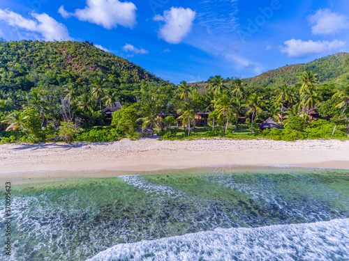 An aerial view on Grand Anse beach on Praslin island in Seychelles photo