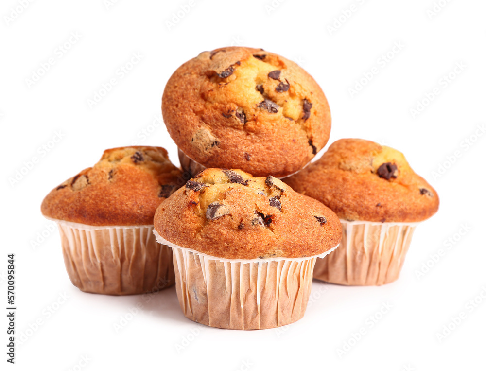 Delicious muffins with chocolate isolated on white background