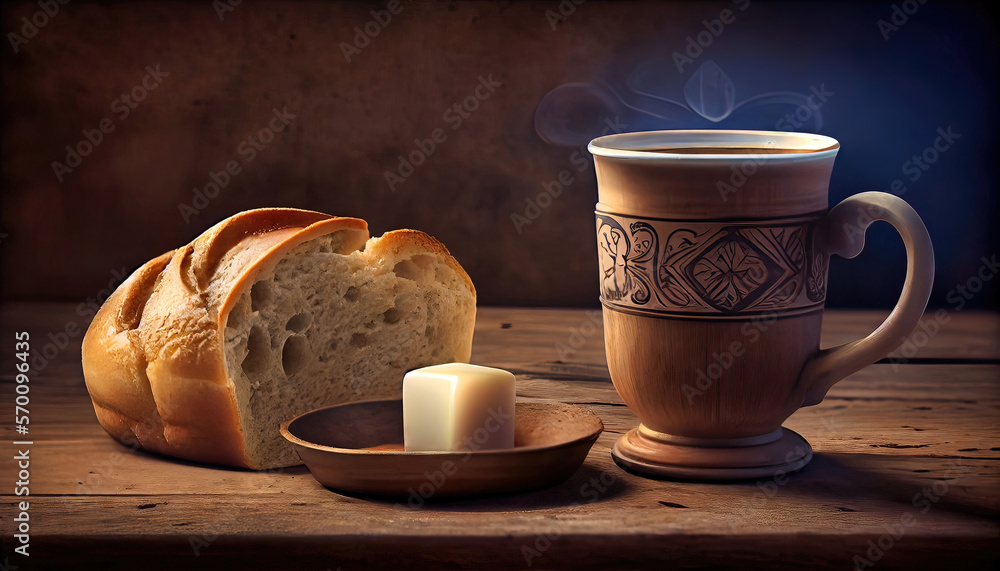 Cup and bread - Catholic communion based on Jewish Passover seder with the body and blood of Christ. Food pic made by generative AI Cup and bread - Catholic communion based on Jewish Passover seder with the body and blood of Christ. Food pic made by generative AI