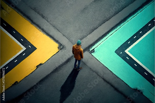 A man stands at the crossroads of two roads, concept of Decision Making and Choice, created with Generative AI technology