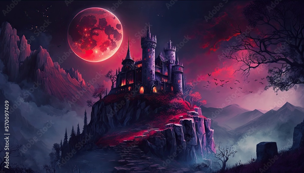 A vampire castle on a mountain at night. Generative AI - obrazy, fototapety, plakaty 