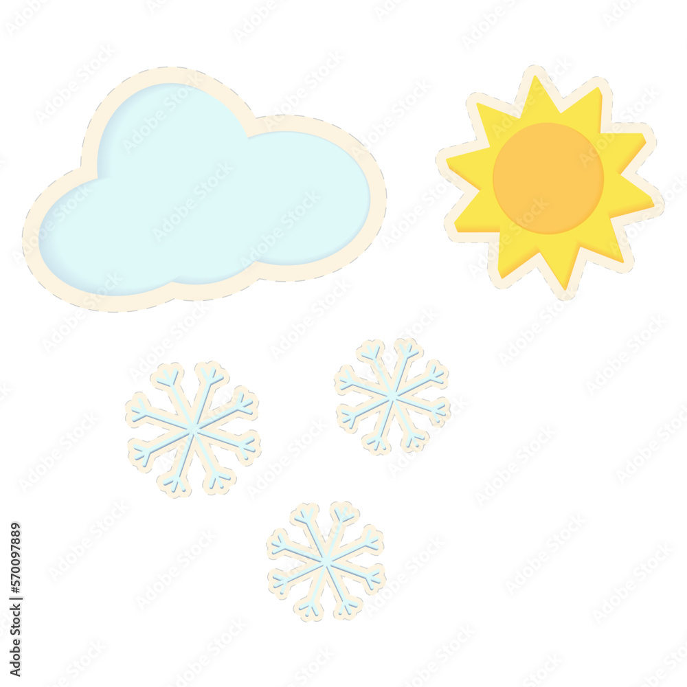 A set of 3D stickers in the form of a sun, clouds and snowflakes in trendy bright shades. Sticker A set of 3D stickers in the form of a sun, clouds and snowflakes in trendy bright shades. Sticker