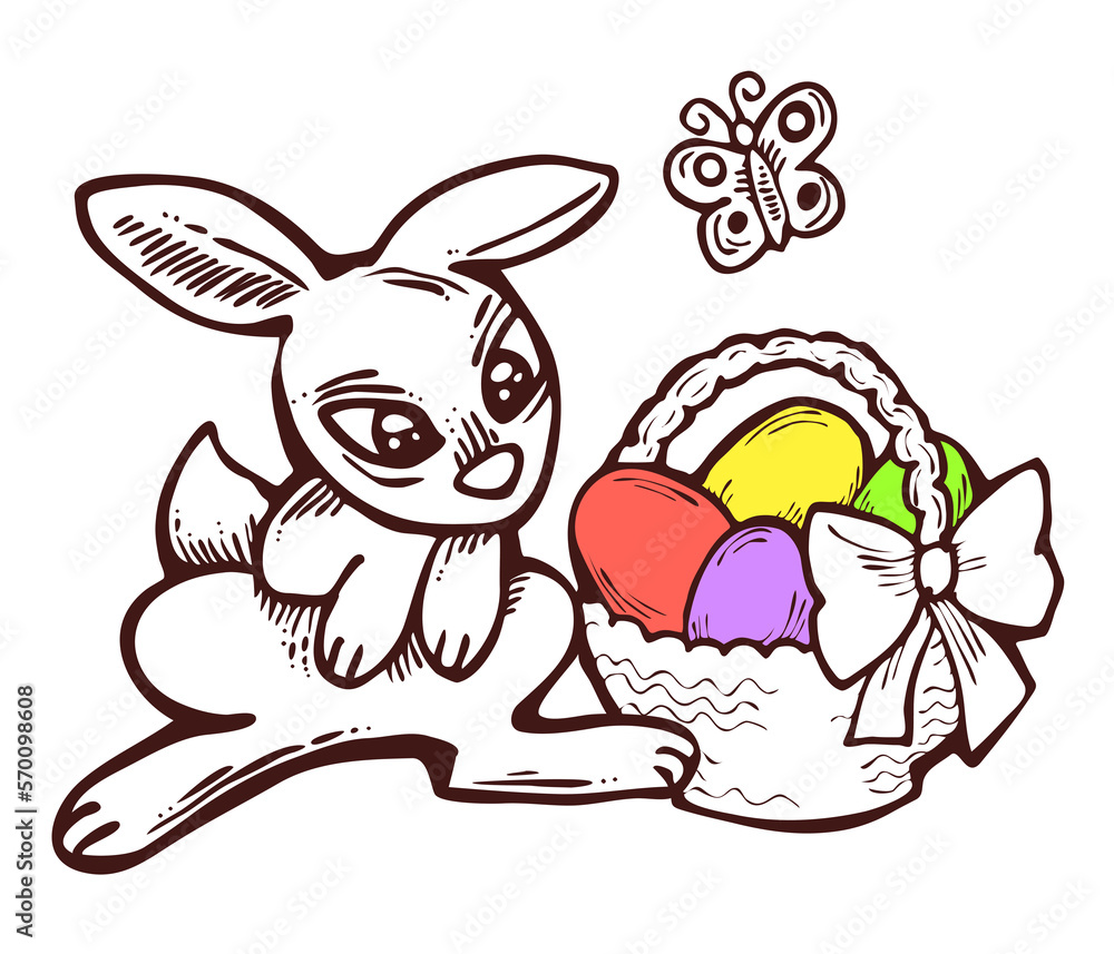 Easter bunny with basket, eggs, flowers and butterfly. Decorative design composition for poster print, greeting card, kids party invitation. Hand drawn illustration. Vintage cartoon style drawing. Easter bunny with basket, eggs, flowers and butterfly. Decorative design composition for poster print, greeting card, kids party invitation. Hand drawn illustration. Vintage cartoon style drawing.