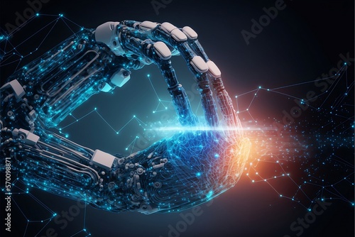 Roboter Hand für Daten, Netzwerk und Kommunikation mit Künstlicher Intelligenz. Cyper Daten, Computer für maschinelles Lernen und zukunftsprojekte.   © Jan