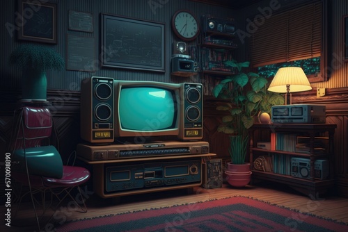 lo-fi retro living room, vintage concept, chill anime interior, generative ai