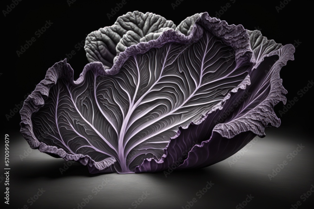 Obraz premium a brilliant purple cabbage slice captured in black and white, with a studio image, a lovely shape, and macro photography. Generative AI