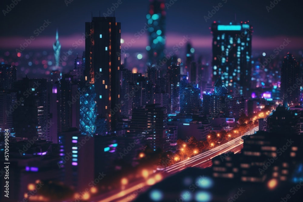 Fototapeta premium futuristic city skyline, neon city background, generative ai