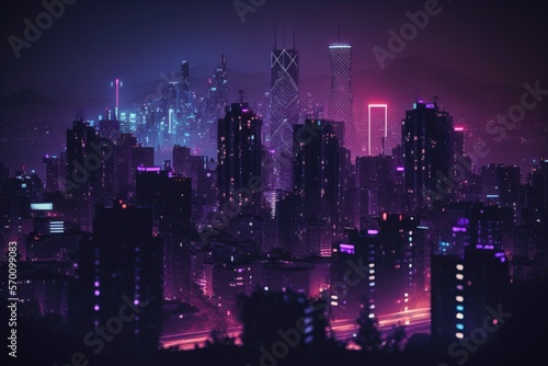 futuristic city skyline, neon city background, generative ai