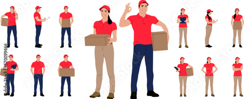 Set of hand drawn warehouse workers holding boxes with a clipboard. Delivery man and woman with cargo carts. Vector flat style illustration isolated on white. Full-length view