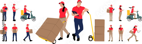 Set of hand drawn warehouse workers holding boxes with a clipboard. Delivery man and woman with cargo carts. Vector flat style illustration isolated on white. Full-length view
