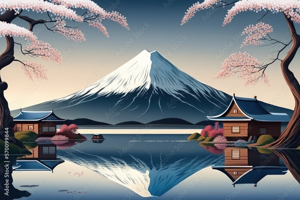 Lake, village, and Mount Fuji in a winter landscape. Japanese nature ...
