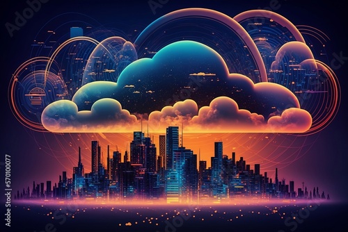 Cloud Computer Konzept, Metaverse, Cyper City Wireless Internet Kommunikation, Künstliche Intelligenz Business 