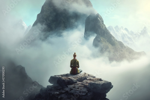 yoga meditative person view from back in the cloudy mountains, digital art, generative ai
