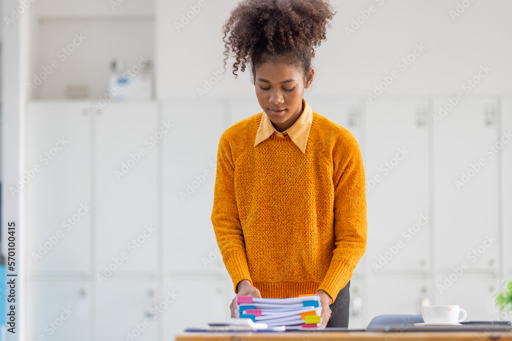 Fototapeta premium Business Documents, Auditor businesswoman checking searching document legal prepare paperwork or report for analysis TAX time,accountant Documents data contract partner deal in workplace office