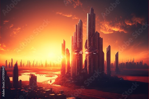 Serene Future: Majestic Sunset Over Modern Metropolis - Perfect for Backgrounds