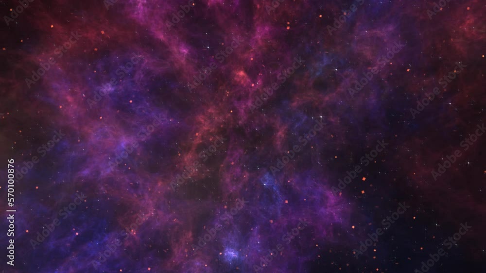 Purple Cosmos with Glitter Flecks Background 4K Loop features space clouds in purple, blue, and red hues with reddish orange flecks of metal floating in a loop.