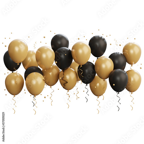 3D black and golden balloons with bunch of confetti and ribbons