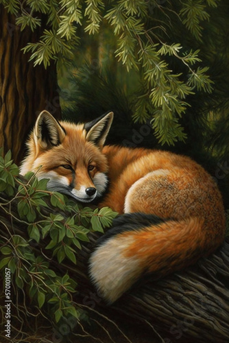 Male Fox resting in a beautiful woodland setting © Angela Harburn