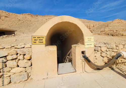 The exterior entrance to Tomb VK62, the Tomb of King Tut Ankh Amun in the Valley of the Kings, Luxor, Egypt. photo