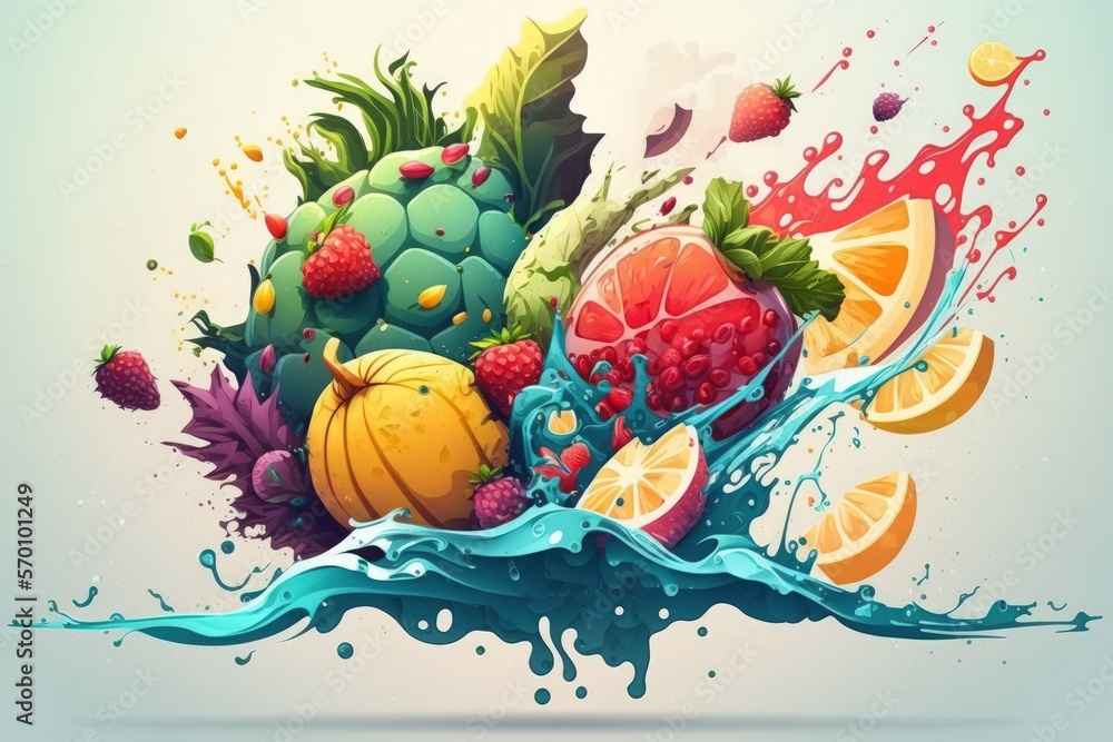Tropical fruits splash heavily as they fall deeply underwater. Generative AI Tropical fruits splash heavily as they fall deeply underwater. Generative AI
