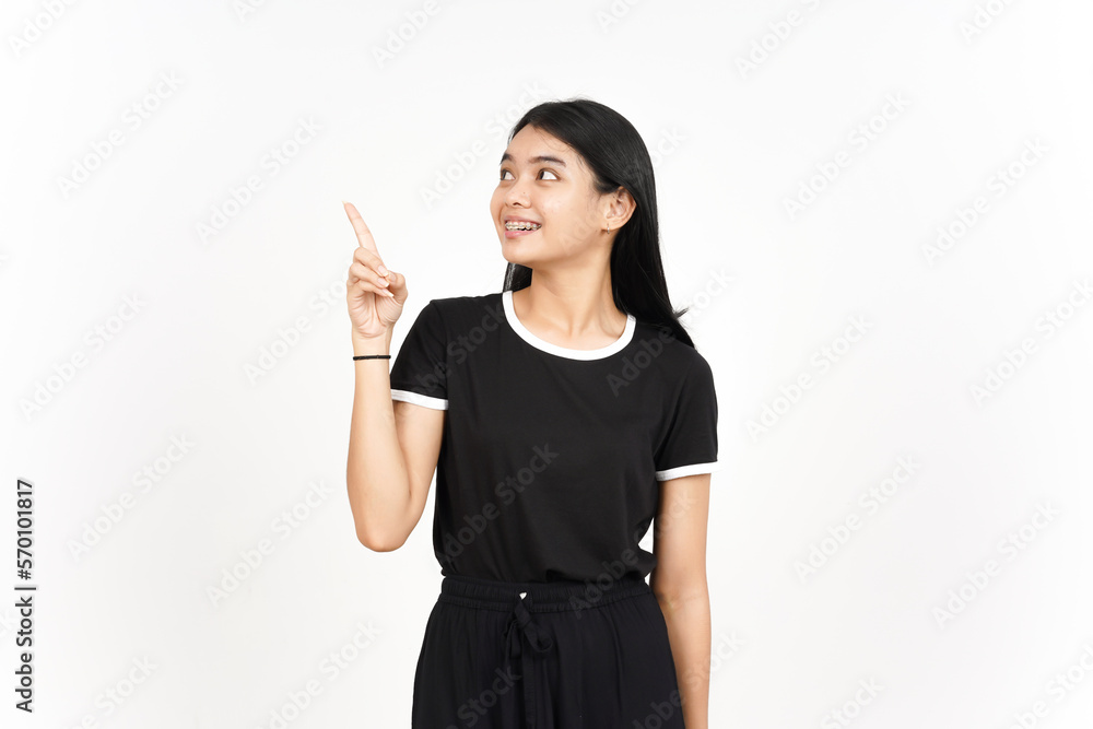 Showing Product and Pointing Side using forefinger Of Beautiful Asian Woman Isolated On White Showing Product and Pointing Side using forefinger Of Beautiful Asian Woman Isolated On White