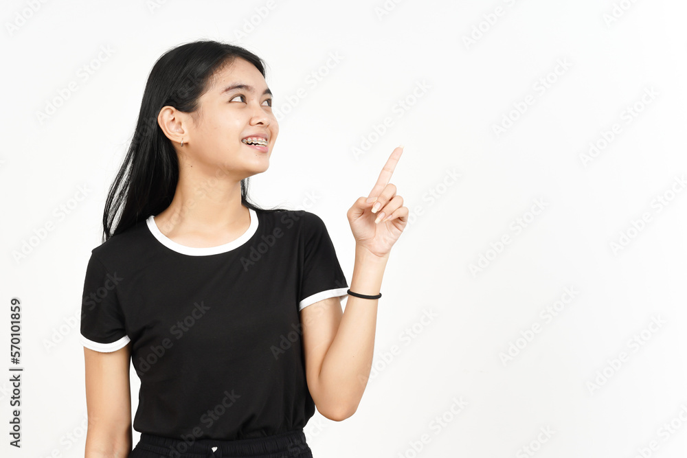 Showing Product and Pointing Side using forefinger Of Beautiful Asian Woman Isolated On White Showing Product and Pointing Side using forefinger Of Beautiful Asian Woman Isolated On White
