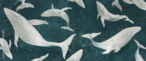 Luxury art background with whales in the ocean hand drawn in line style. Animal hand drawn banner for decoration, print, wallpaper, textile, interior design, invitations, fabric.