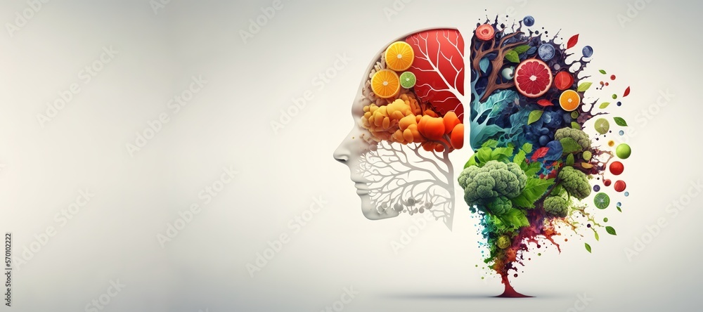 Human head made of fruits and vegetables. Healthy lifestyle conceptual banner with copy space for advertisement.