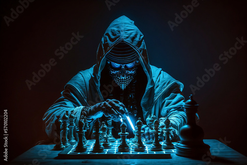 Hacker playing a chess while hacking in front  of computer - AI Generated